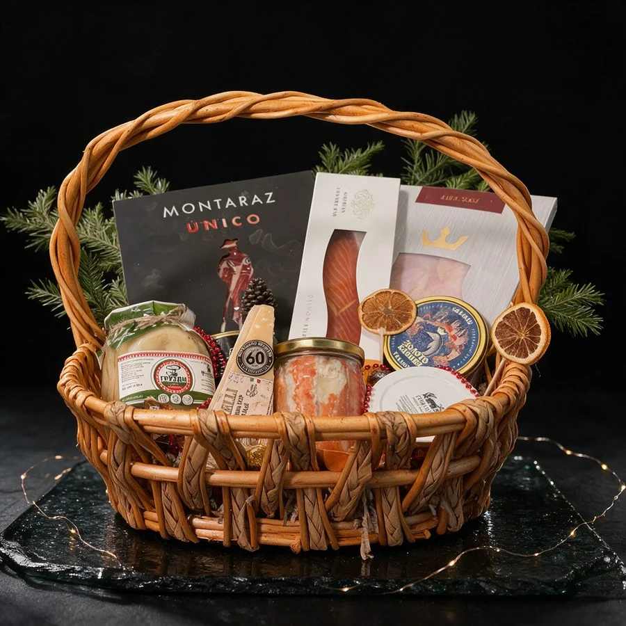 Подарочная корзина с чёрной икрой 250 г, фалангой краба, хамоном Монтараз, пармиджано, лососем, омулем и груздями