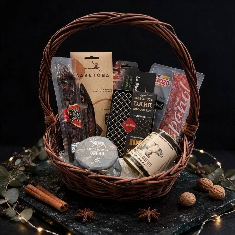 Подарочная корзина с казы, паштетом из оленя, мясом медведя, хамоном из утки, сальчичоном, лососем и шоколадом