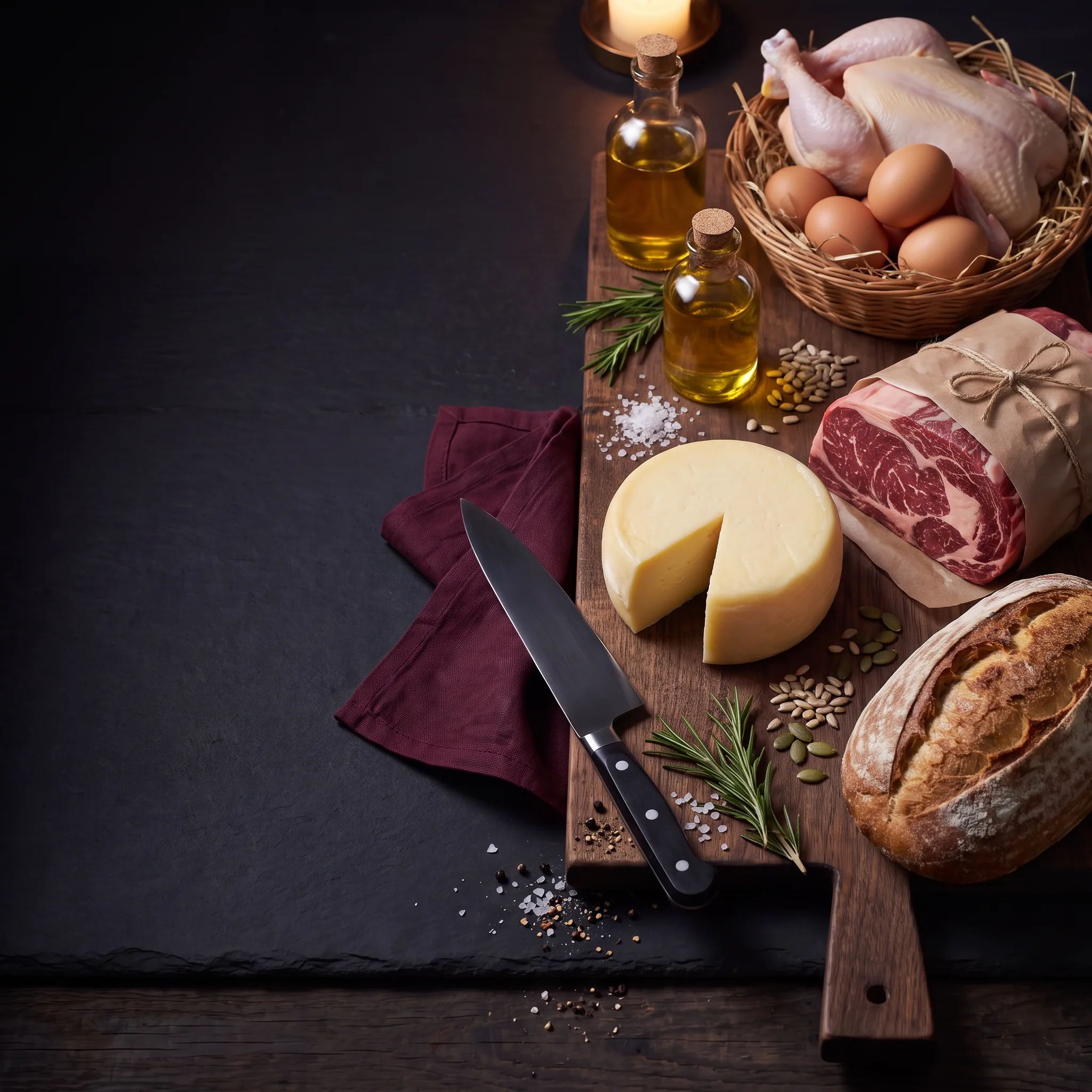 Фермерские продукты: яйца, курица, мясо, сыр, хлеб и масло