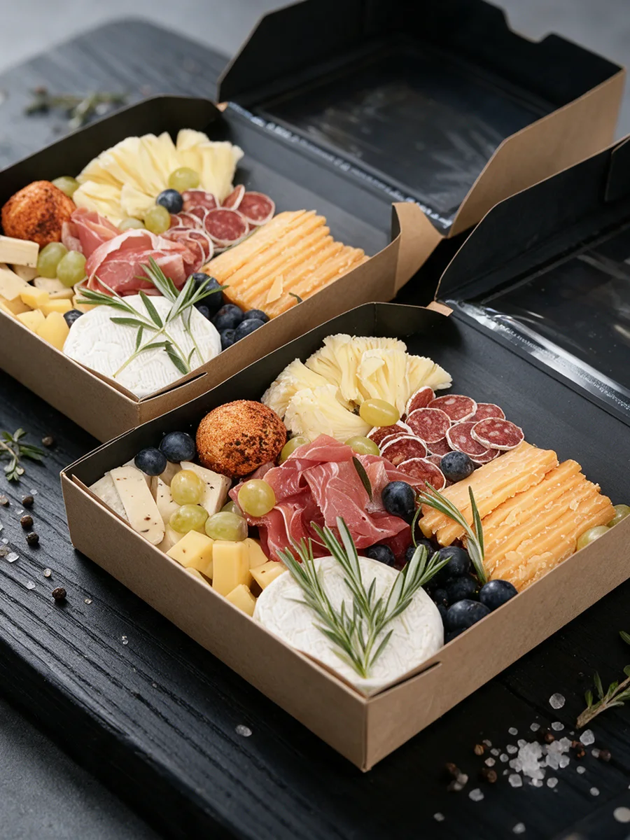 Сырно-мясная нарезка в крафтовых боксах: хамон, салями, сыр, бри, виноград и голубика