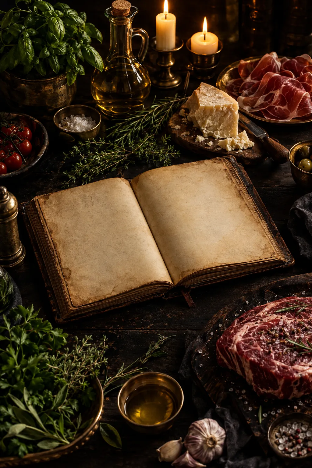 Книга рецептов на кухонном столе с травами, сыром и хамоном