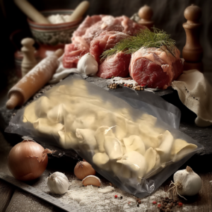 Пельмени из говядины ручной лепки в миске со сметаной и зеленью