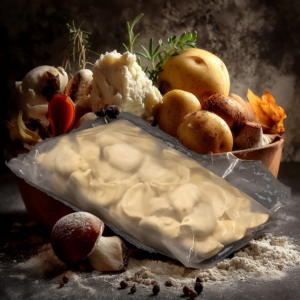 Вареники с картошкой и грибами на тарелке со сметаной и укропом.