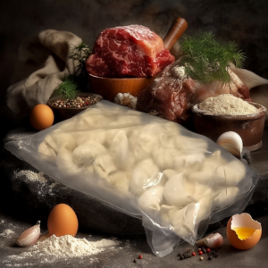 Пельмени из говядины и свинины ручной лепки, сваренные и поданные в миске со сметаной.