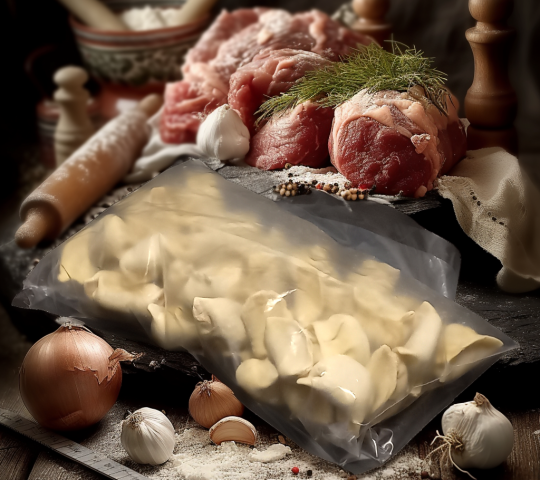 Пельмени из говядины ручной лепки в миске со сметаной и зеленью
