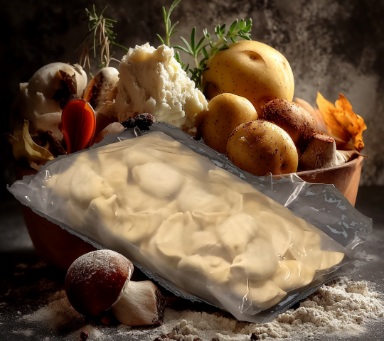 Вареники с картошкой и грибами на тарелке со сметаной и укропом.